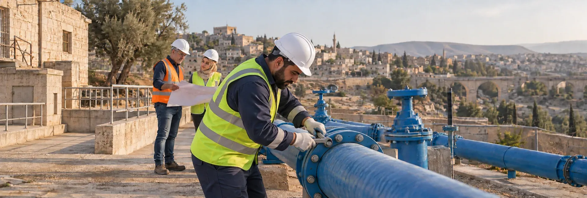 صورة توضيحية مولّدة لتقني يصلح أنبوب مياه في المقدمة ومهندسين يراجعان مخططاً في الخلف