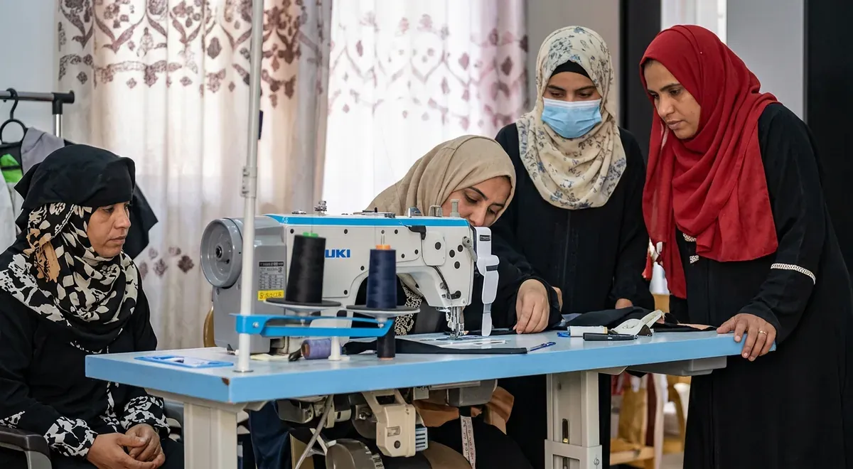 متدربات يعملن معاً على آلة خياطة